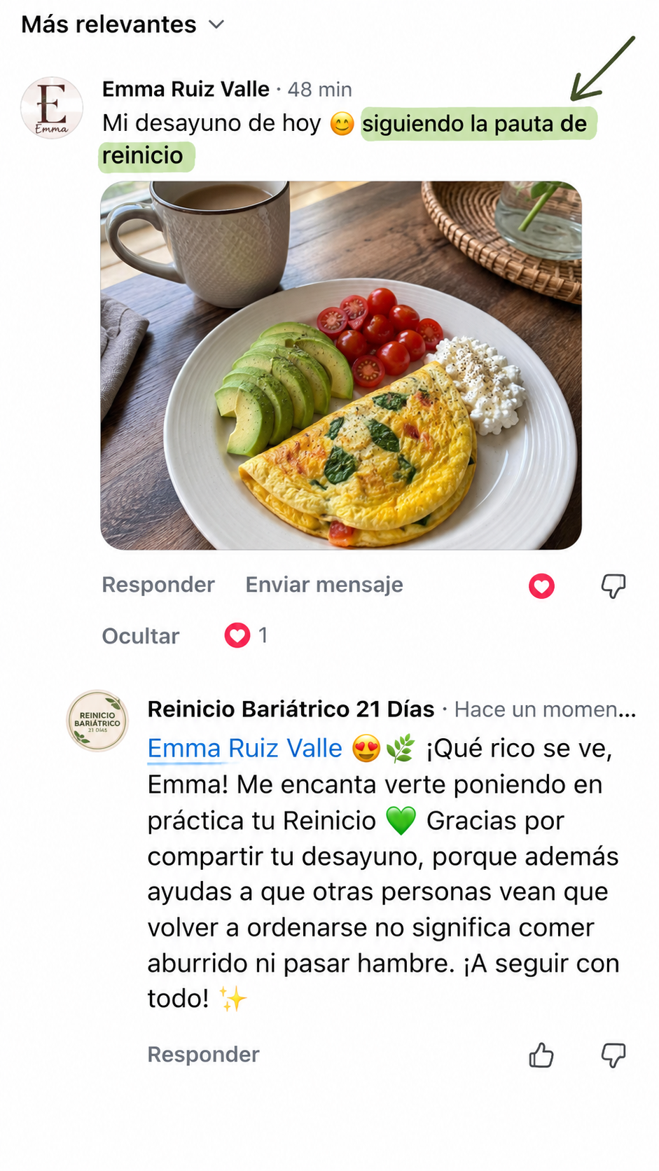 Comentario real compartiendo su desayuno siguiendo la pauta de reinicio
