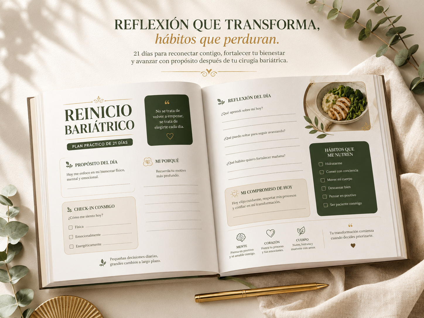 Páginas del programa con espacios de reflexión, check-in y hábitos diarios