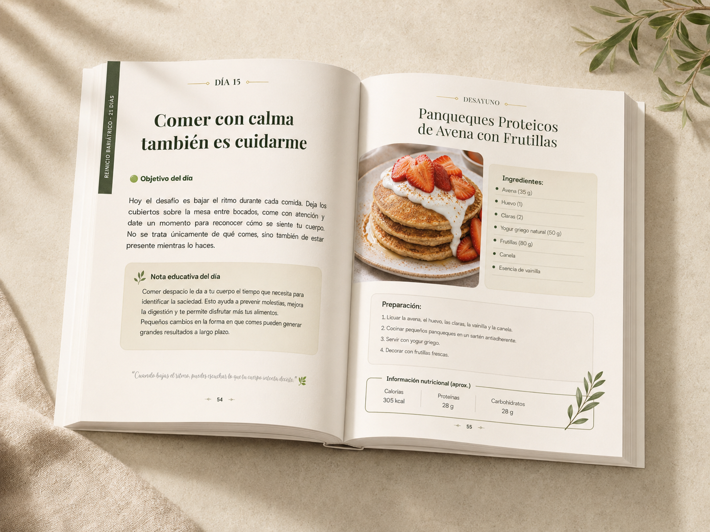 Libro abierto con el objetivo del día y una receta de desayuno
