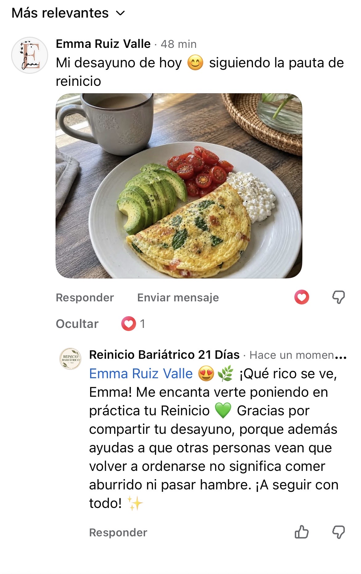 Comentario real de una clienta compartiendo su desayuno siguiendo la pauta de Reinicio Bariátrico
