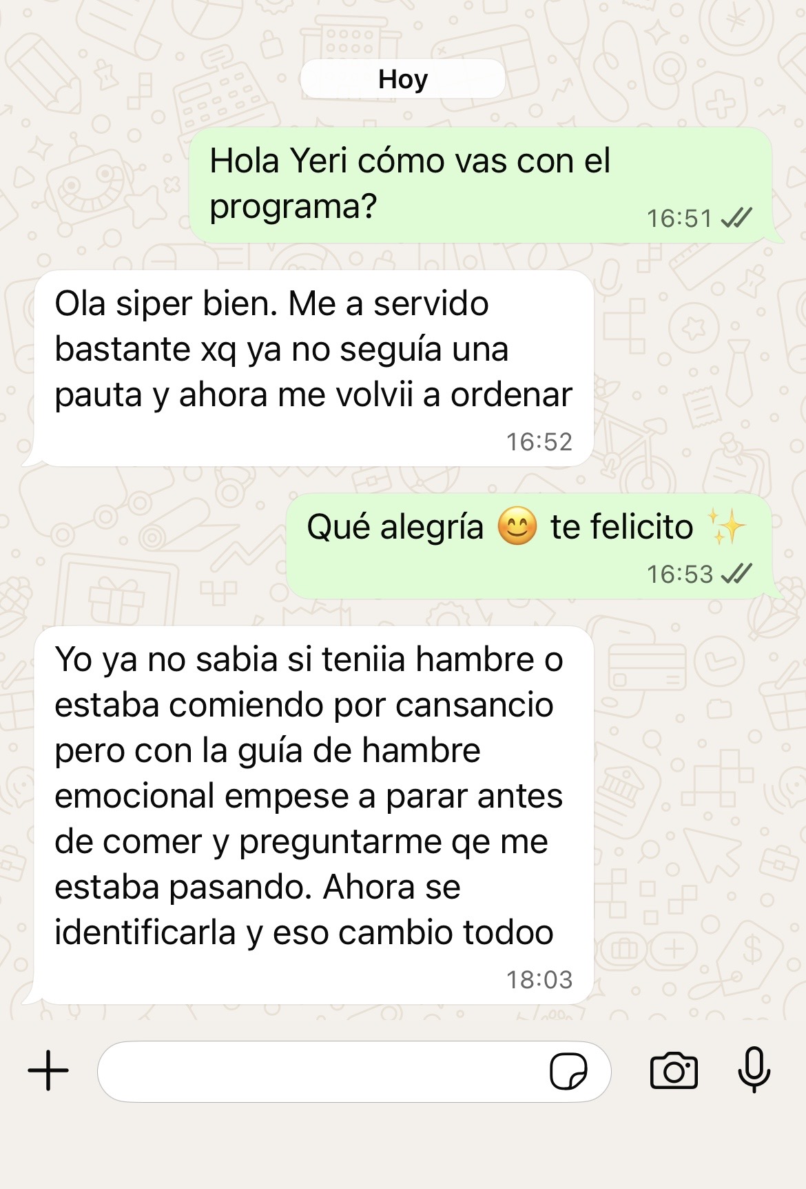 Mensaje real de WhatsApp de Yeri sobre el programa