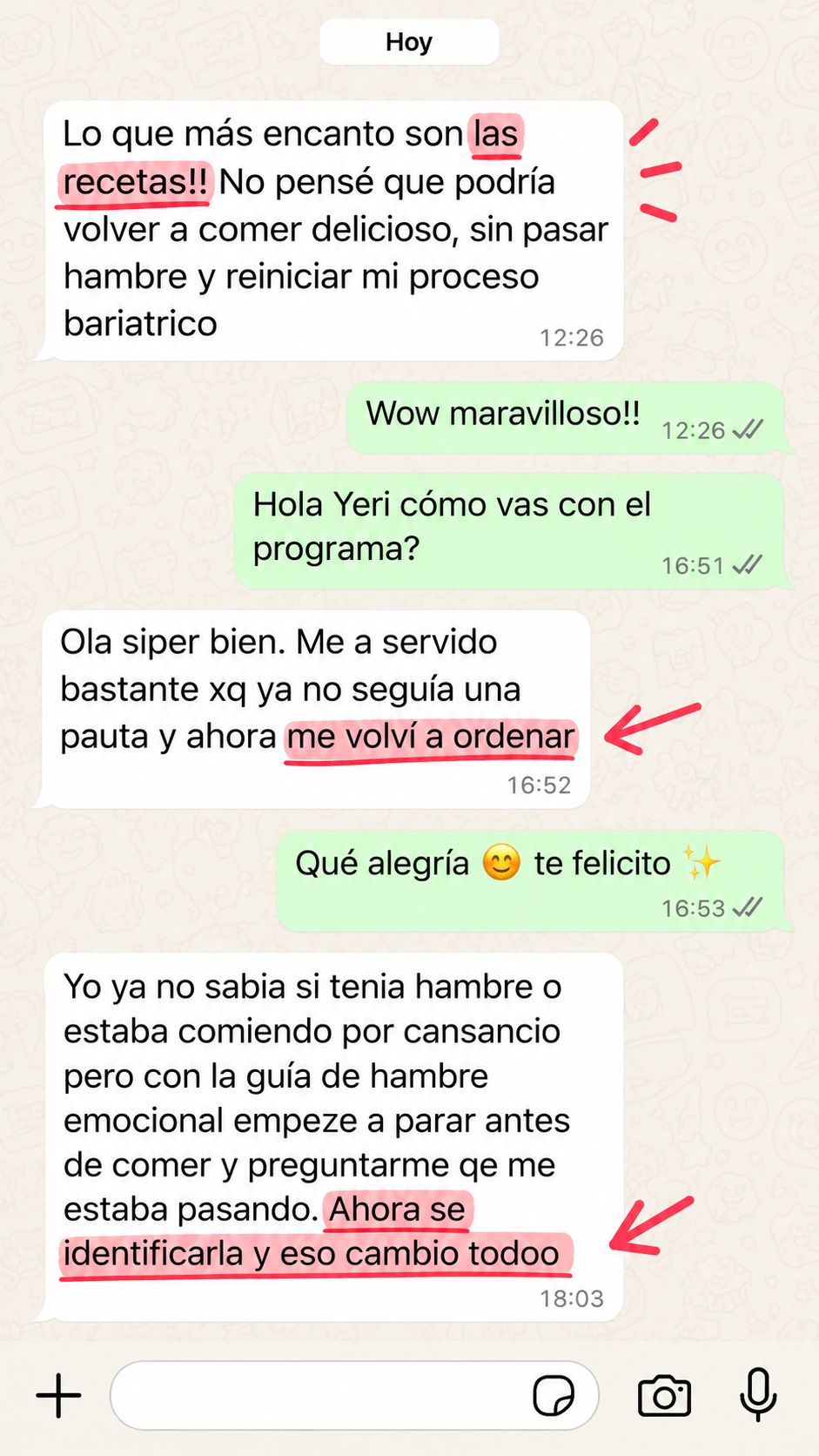 Mensaje de WhatsApp: me volví a ordenar con la pauta del programa