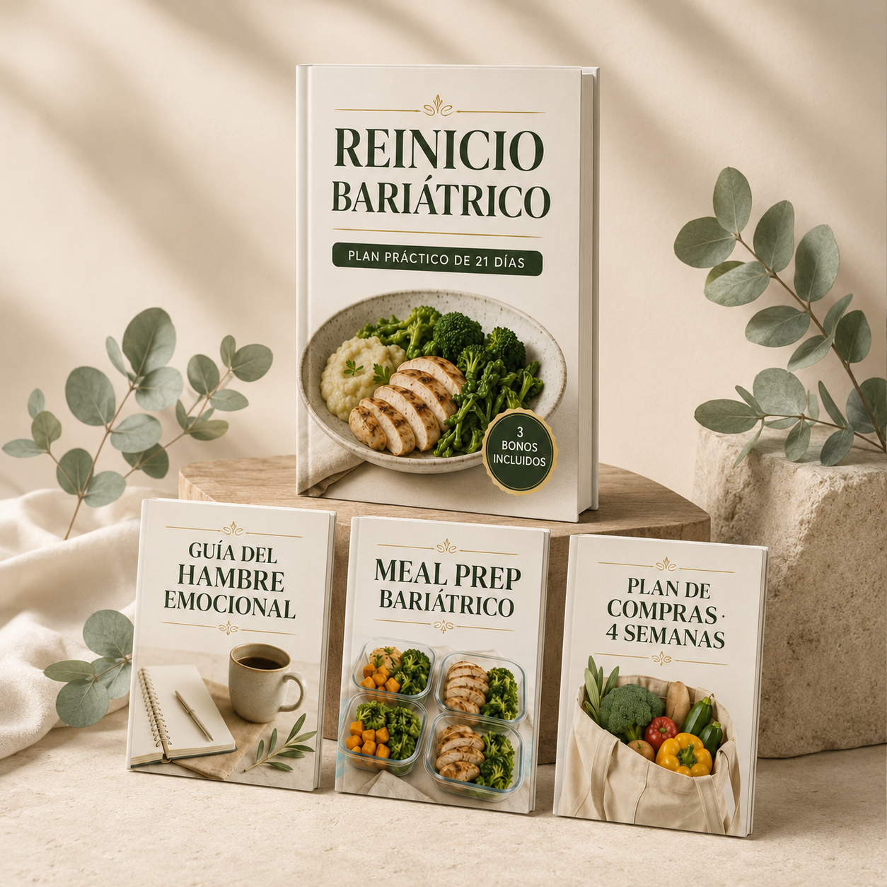 Mockup completo del programa Reinicio Bariátrico con sus tres bonos