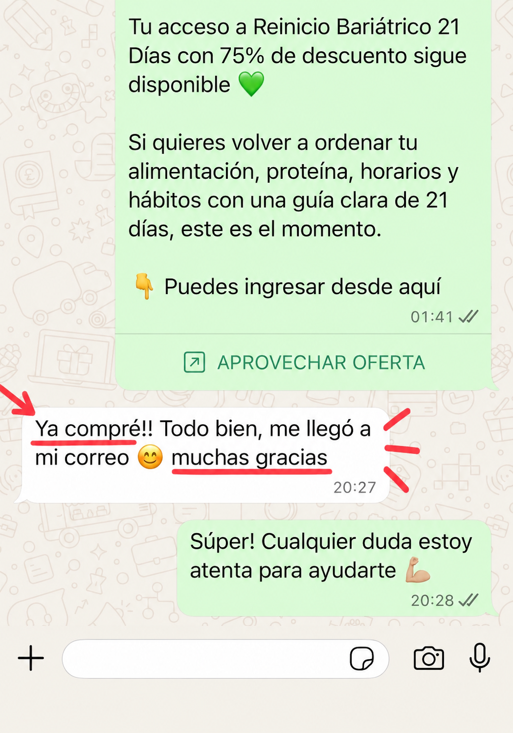 Mensaje de WhatsApp: ya compré, todo bien, me llegó a mi correo